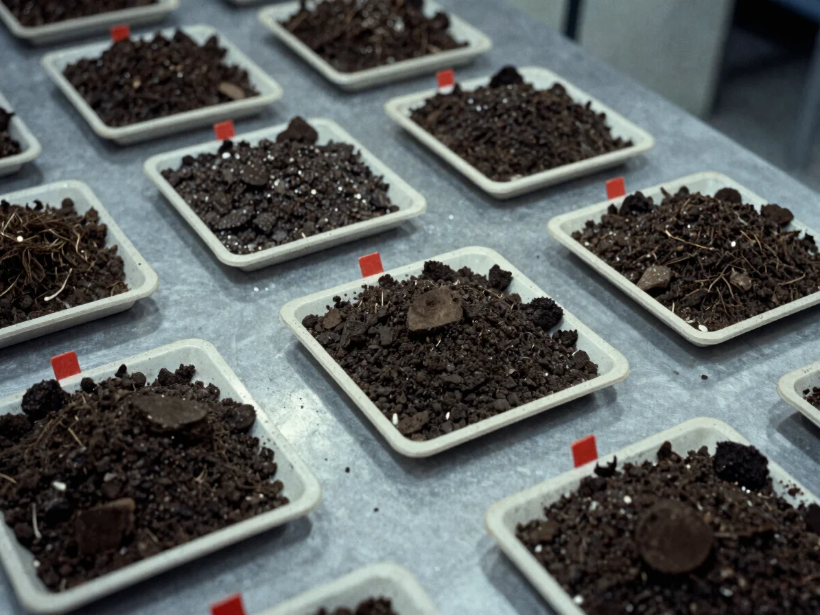 Overhead archival view of soil core samples laid in labeled trays