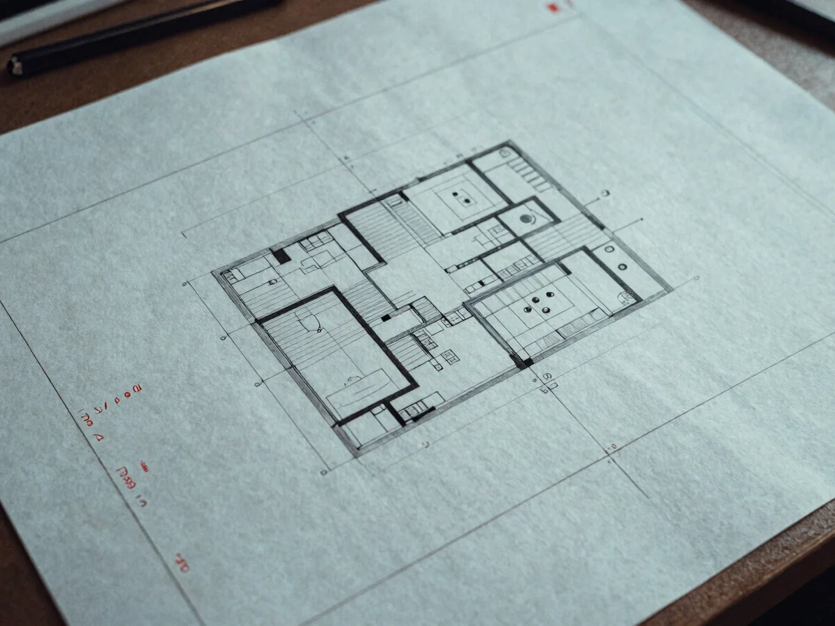 Flat document scan of an architectural survey sheet on a desk, pe