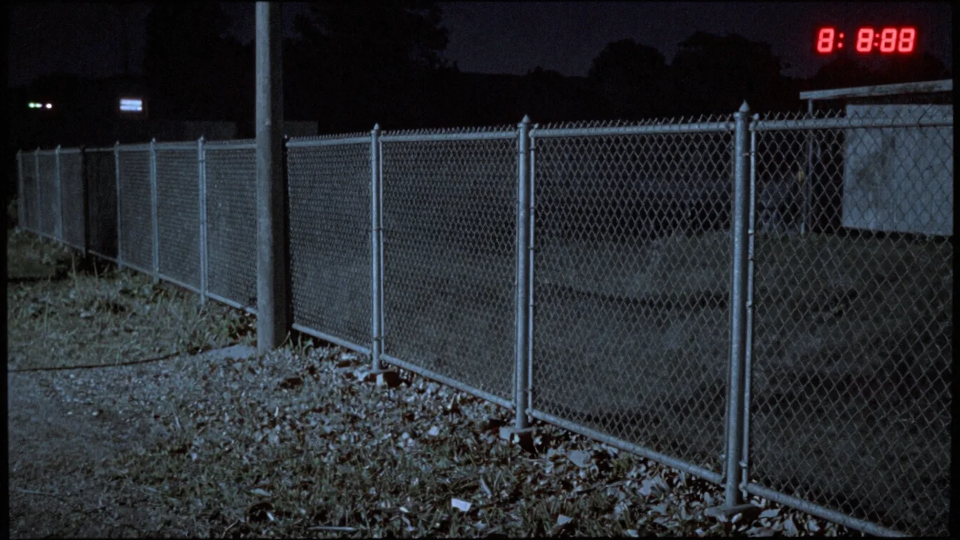 Timestamp-style video still of a fenced property line at night, s