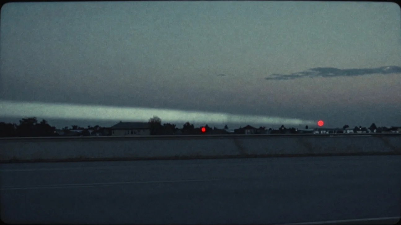 Video monitor still of a grey lot at dusk with a faint refracted