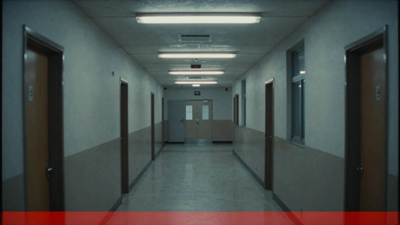 Static surveillance still of an empty school corridor, cool fluor