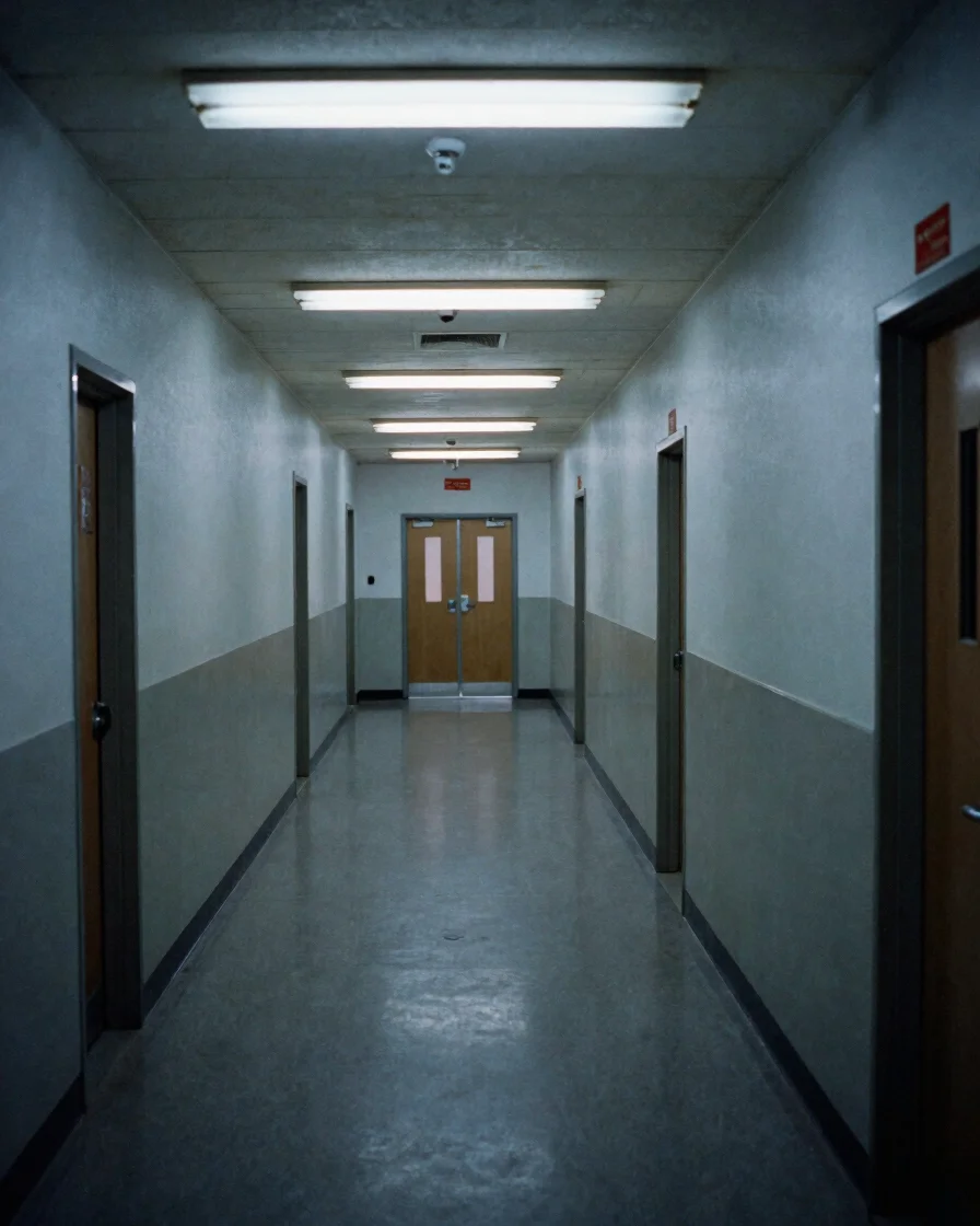 Empty elementary-school corridor at dusk, cool fluorescent light,