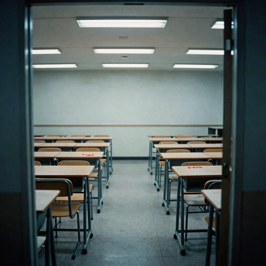 Empty classroom viewed from a doorway, desks in neat rows, cool f