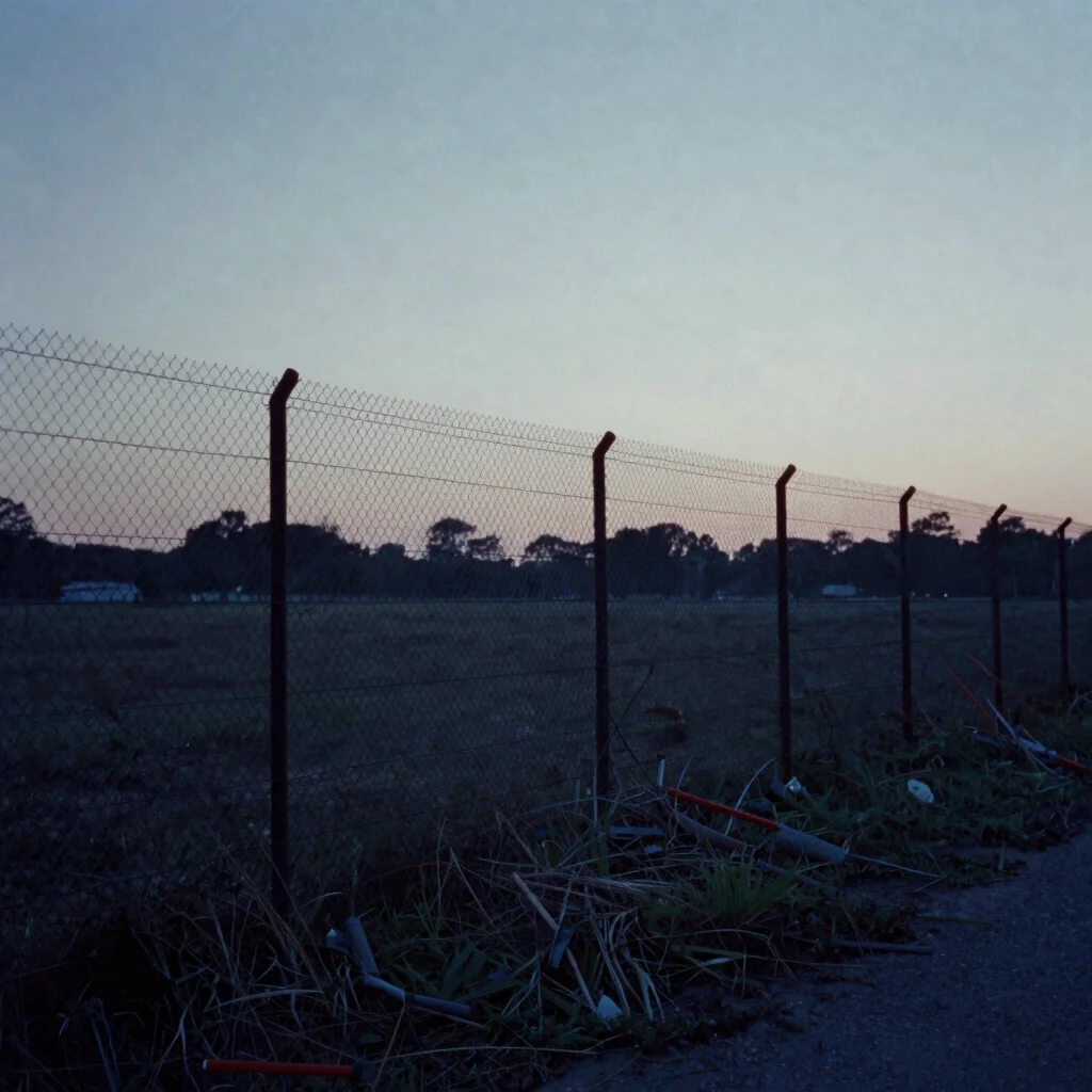 Surveillance-style still of a perimeter fence line at dawn, cool