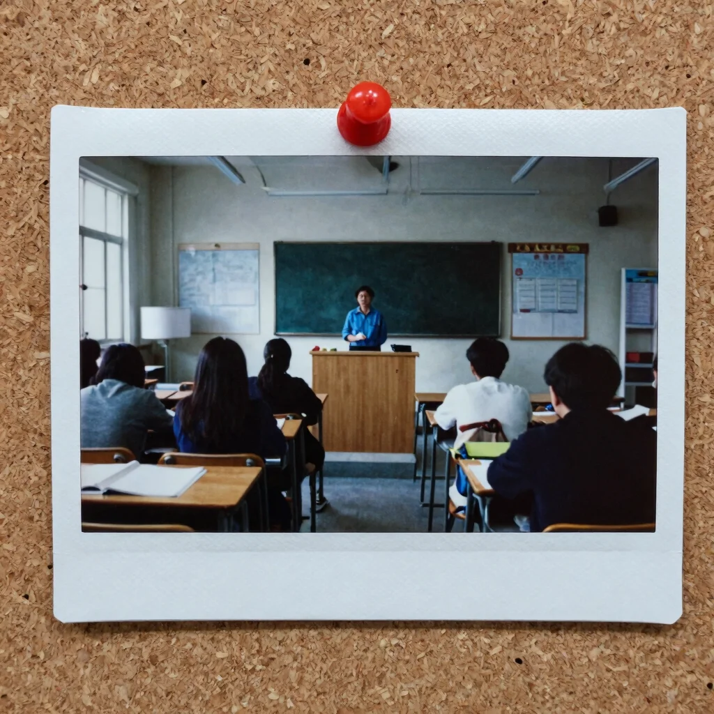 Close crop of a recovered classroom snapshot pinned to a corkboar