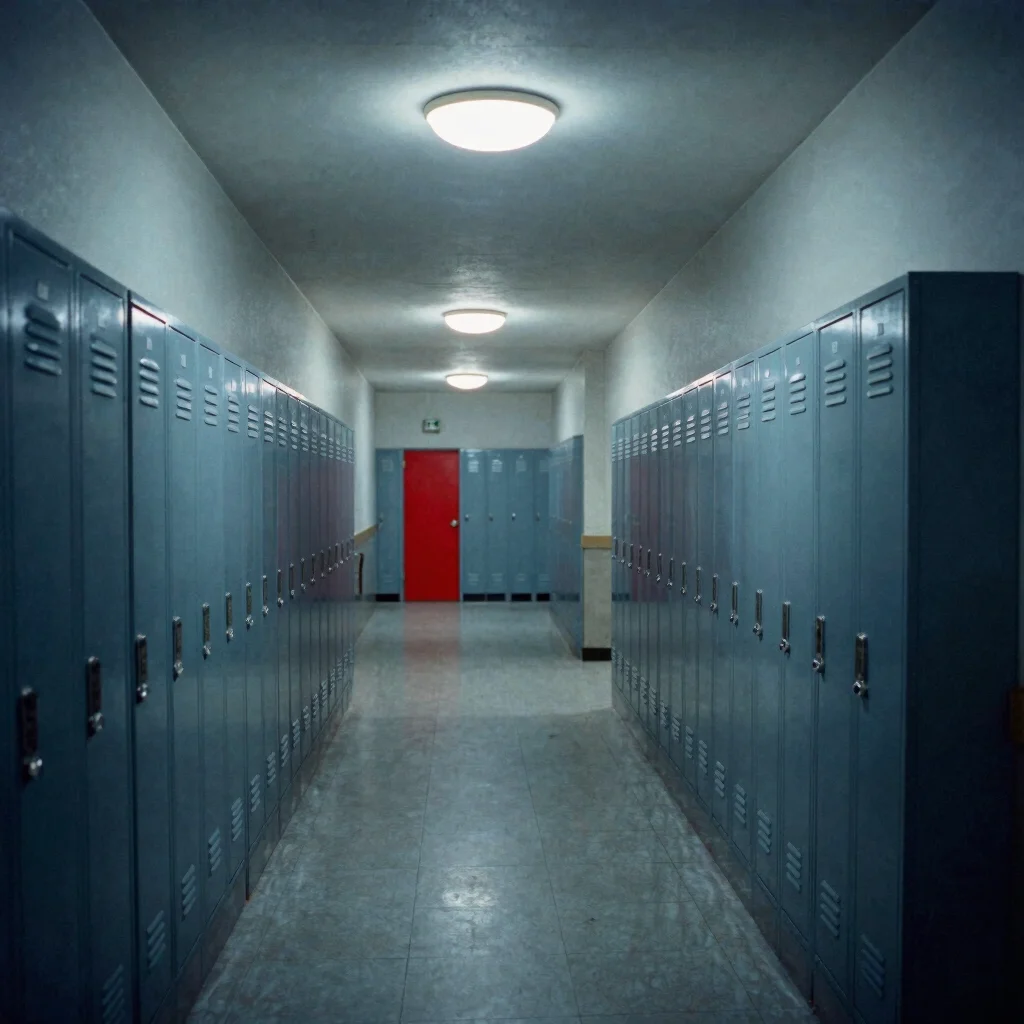 Wide archival view of a school hallway with lockers and a flicker